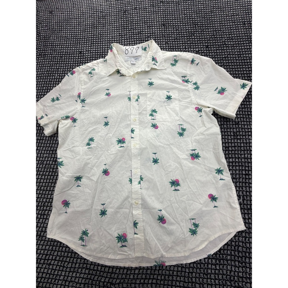 Old Navy Button Down Mens XL White Tropical Palm Tree Slim Fit Shirt